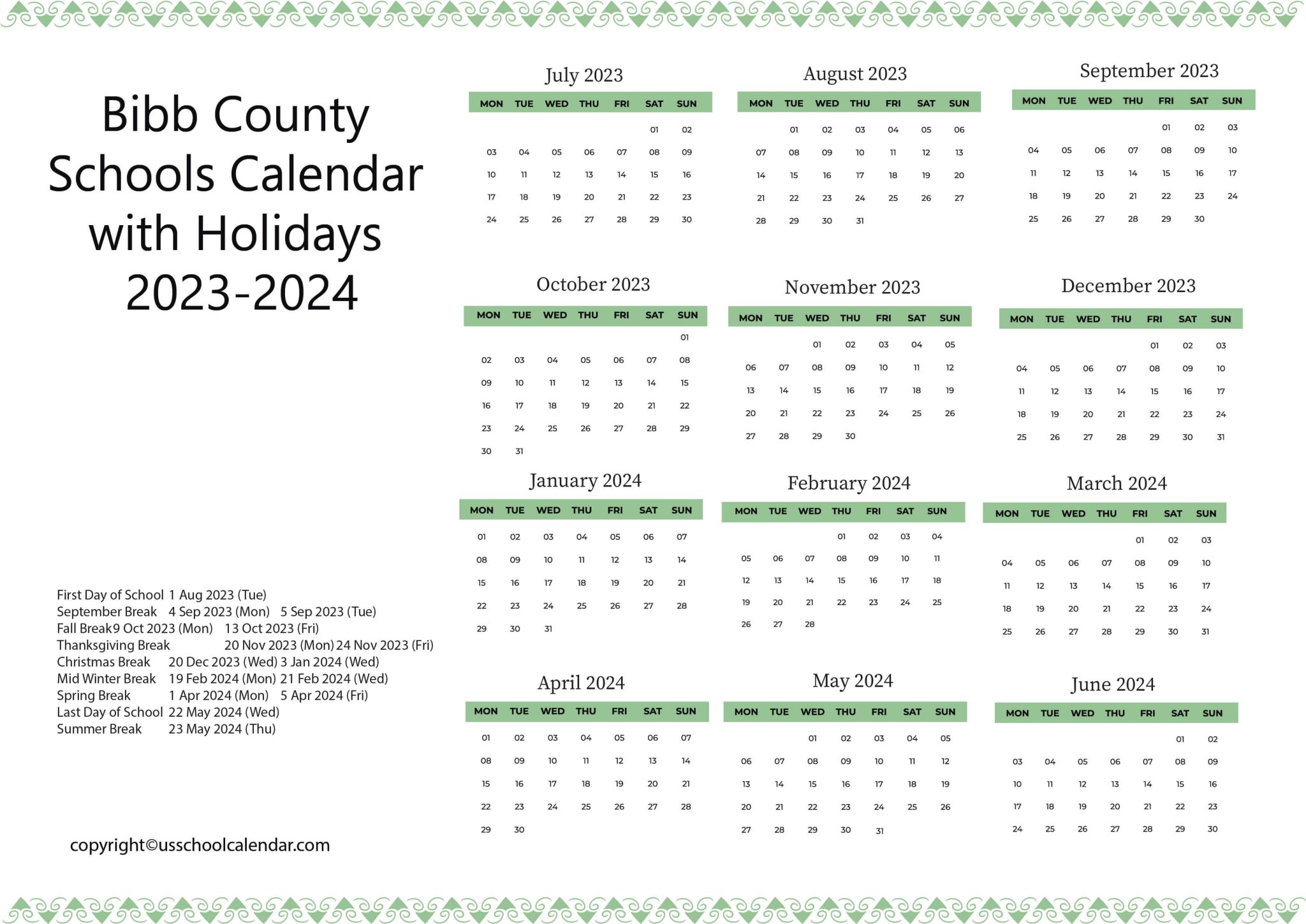 Bibb County Schools Calendar with Holidays 20232024