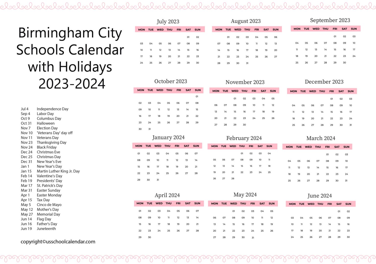 Birmingham City Schools Calendar with Holidays 20232024