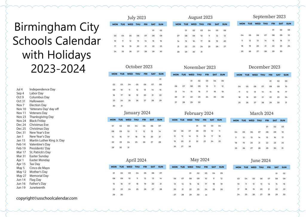 Birmingham City School District Holiday Schedule