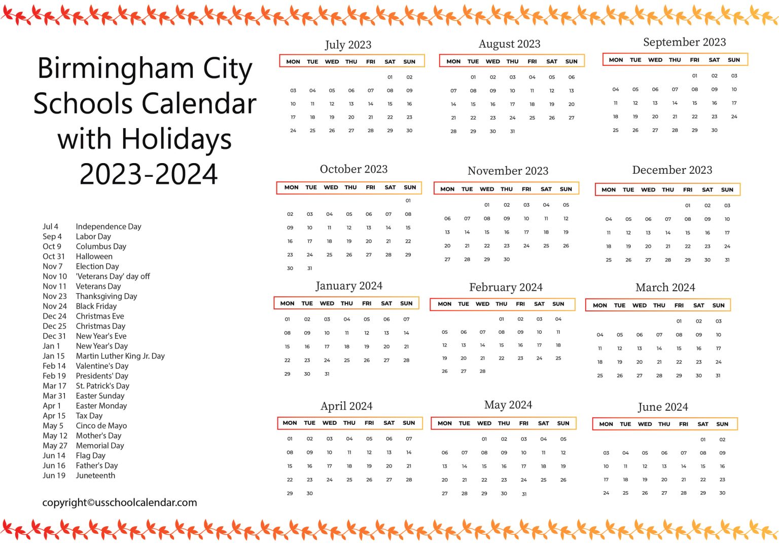 Birmingham City Schools Calendar with Holidays 20232024