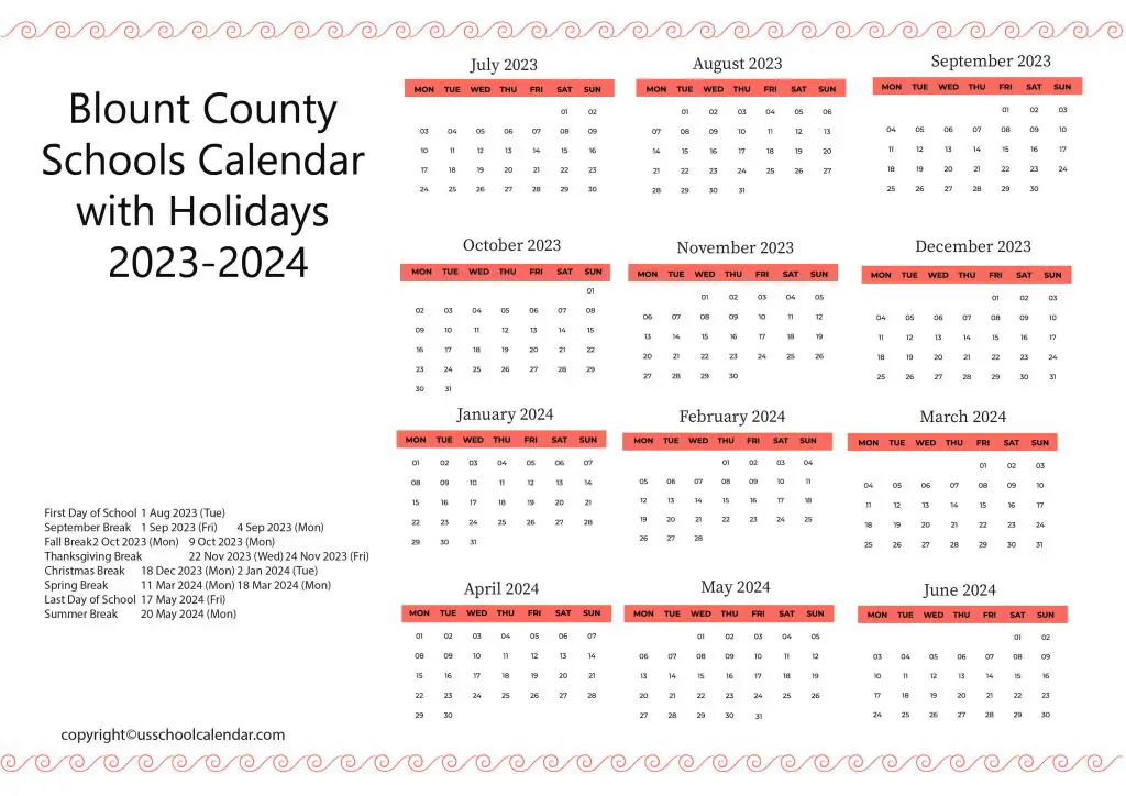 Blount County School Calendar