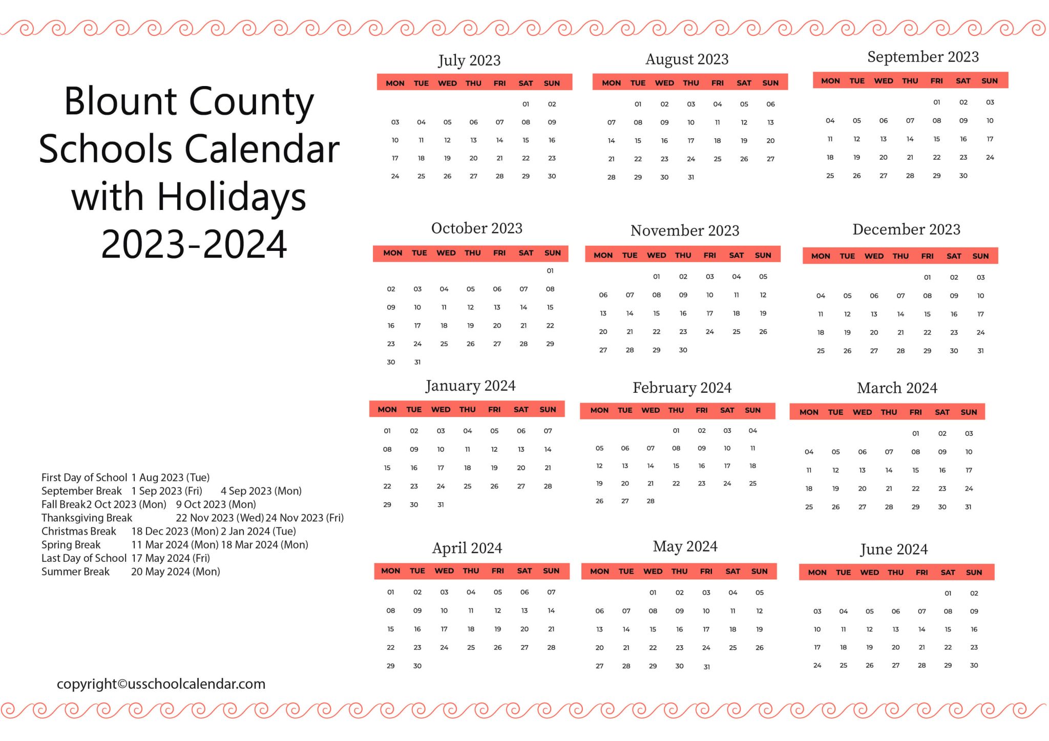 Blount County Schools Calendar with Holidays 20232024