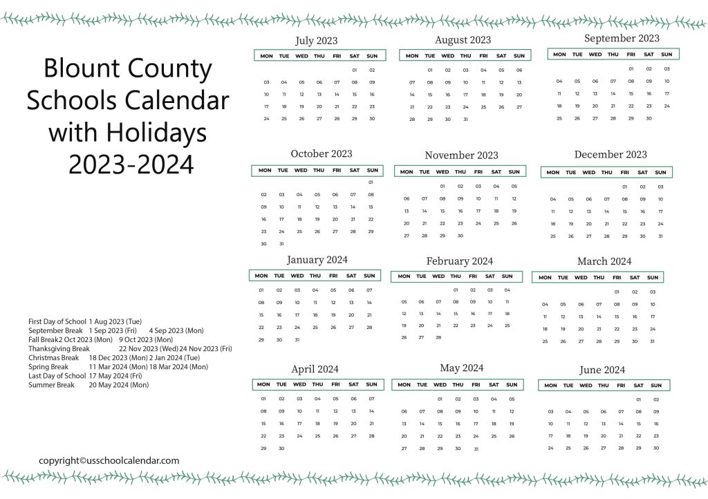 Blount County Schools Holiday Calendar