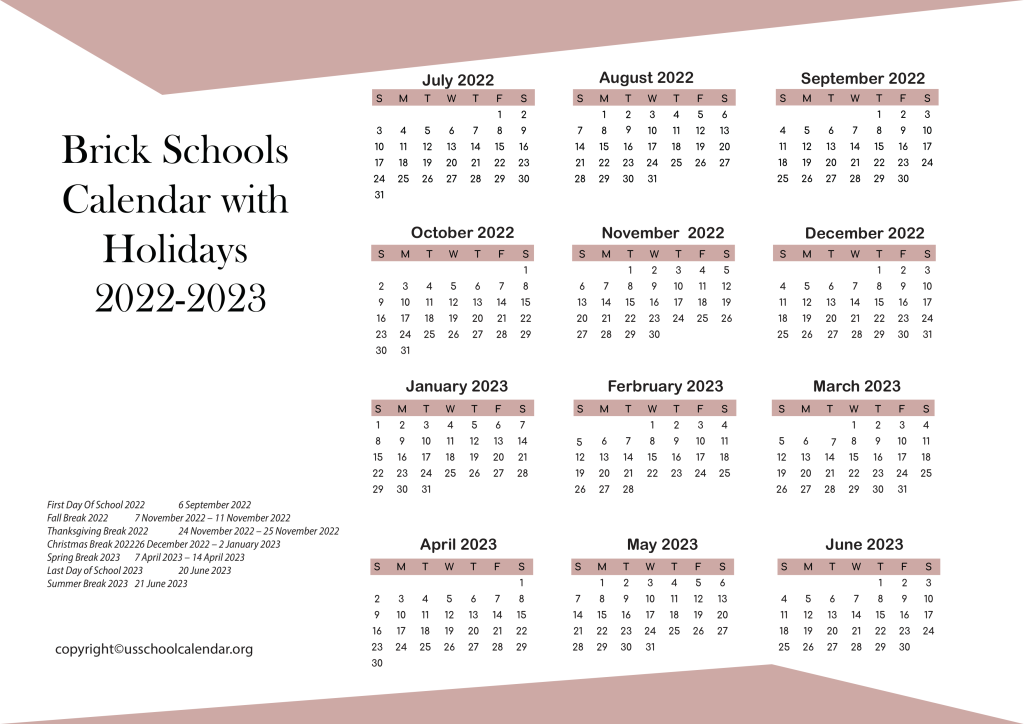 Brick Schools Calendar with Holidays 2022-2023 2