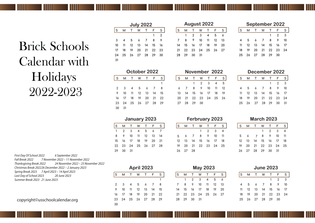 Brick Schools Calendar with Holidays 2022-2023 3