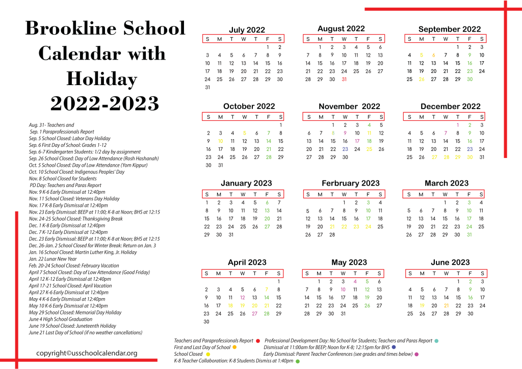 Brookline Schools Calendar with Holidays 2022-2023