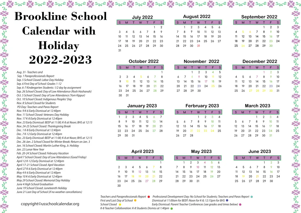 Brookline Schools Calendar with Holidays 2022-2023 (2)