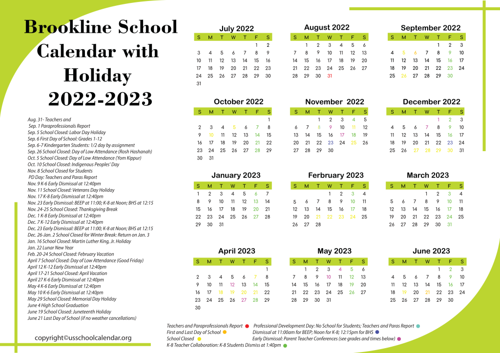 Brookline Schools Calendar with Holidays 2022-2023 (3)