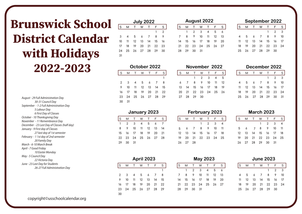 Brunswick School District Calendar with Holidays 2022-2023 2