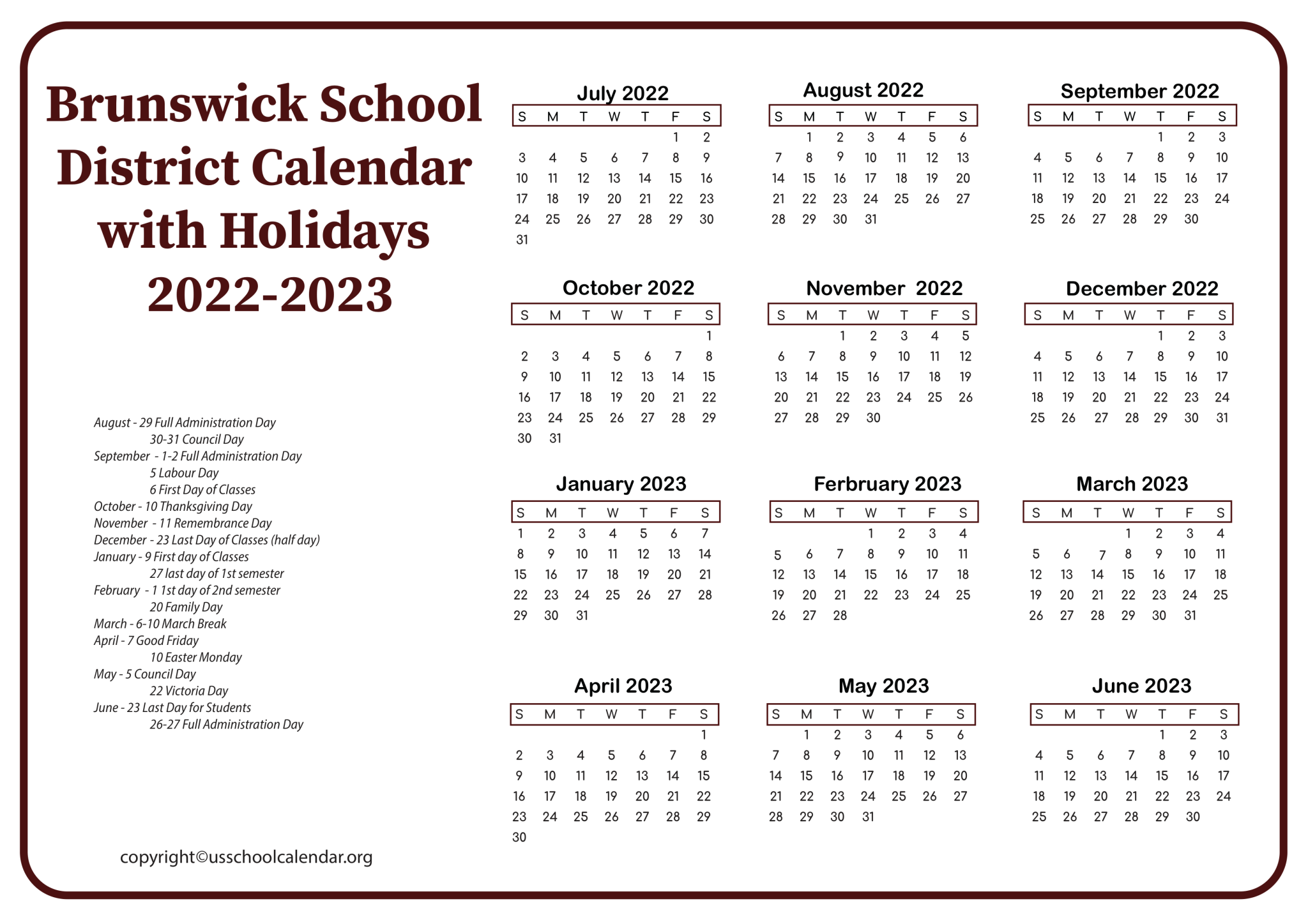 Brunswick School District Calendar with Holidays 20222023