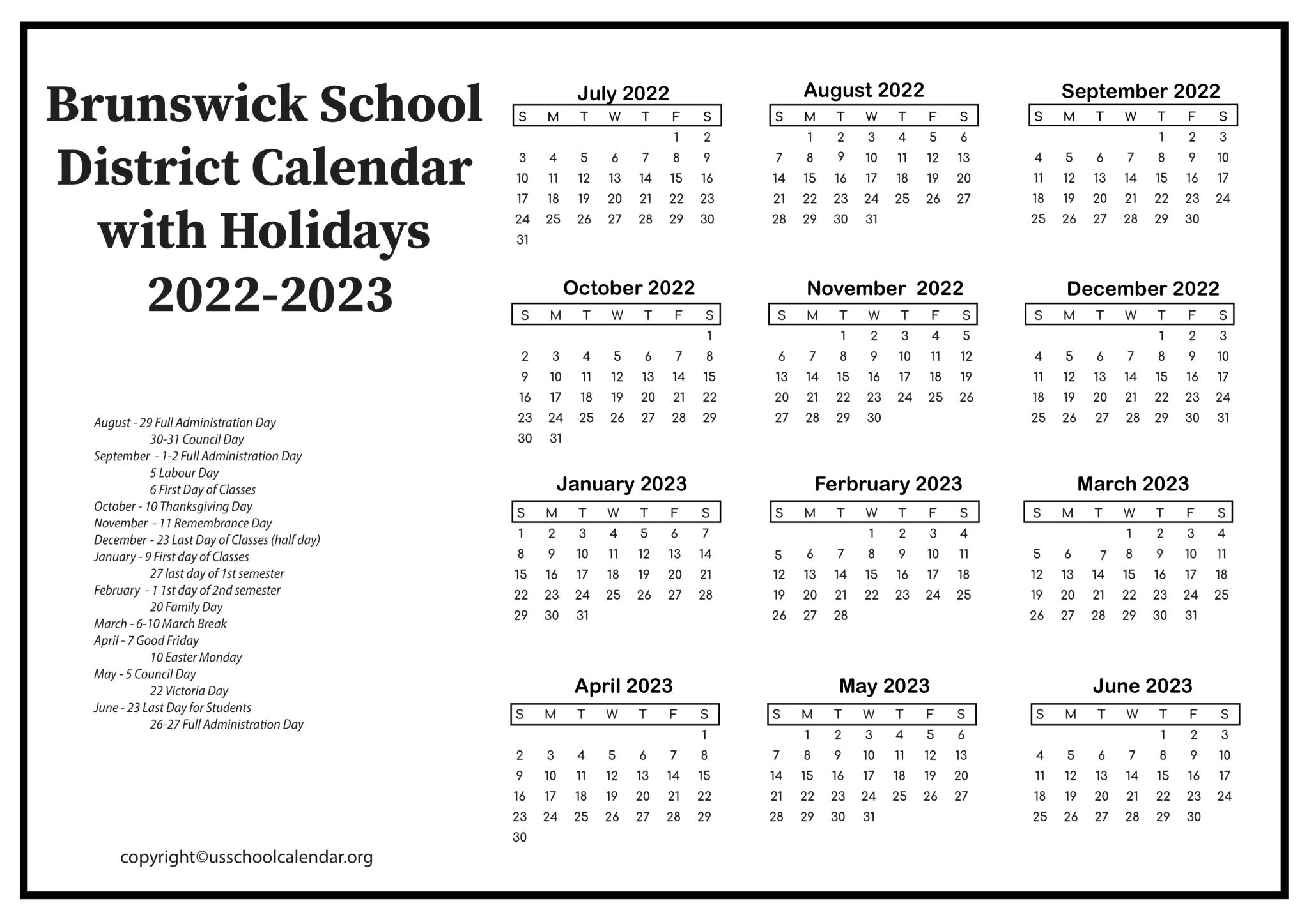 Brunswick School District Calendar with Holidays 20222023