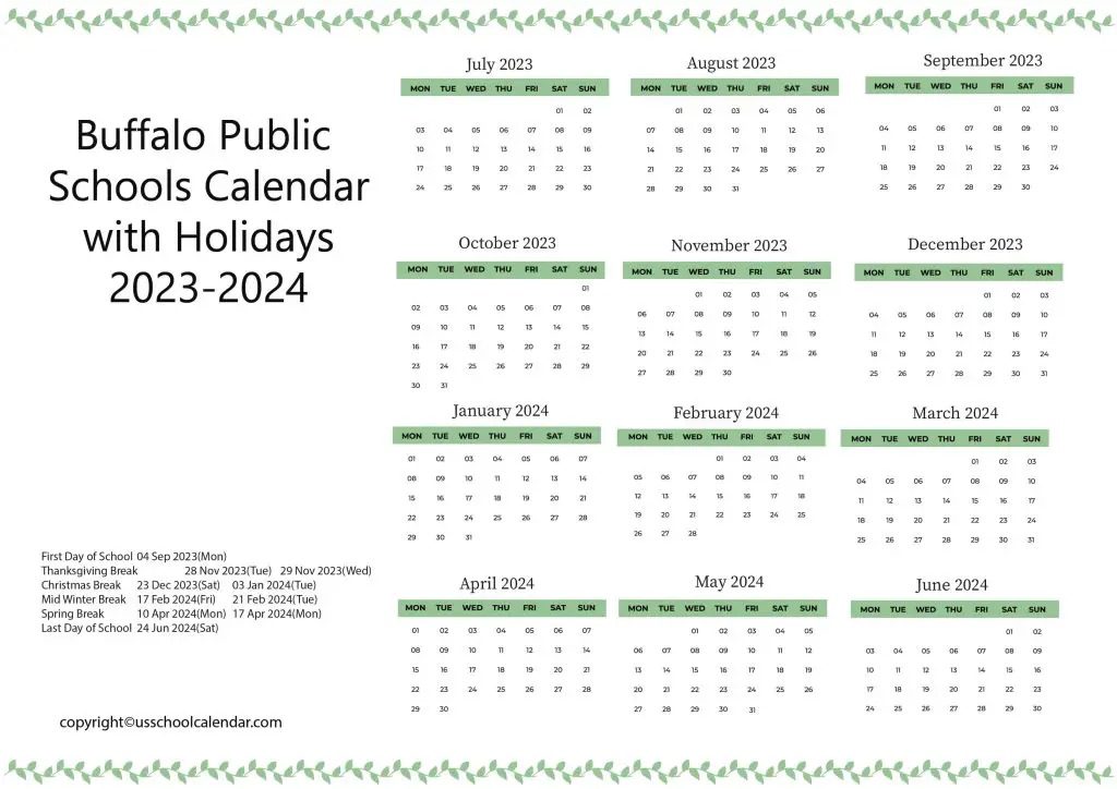 Buffalo Public School District Calendar