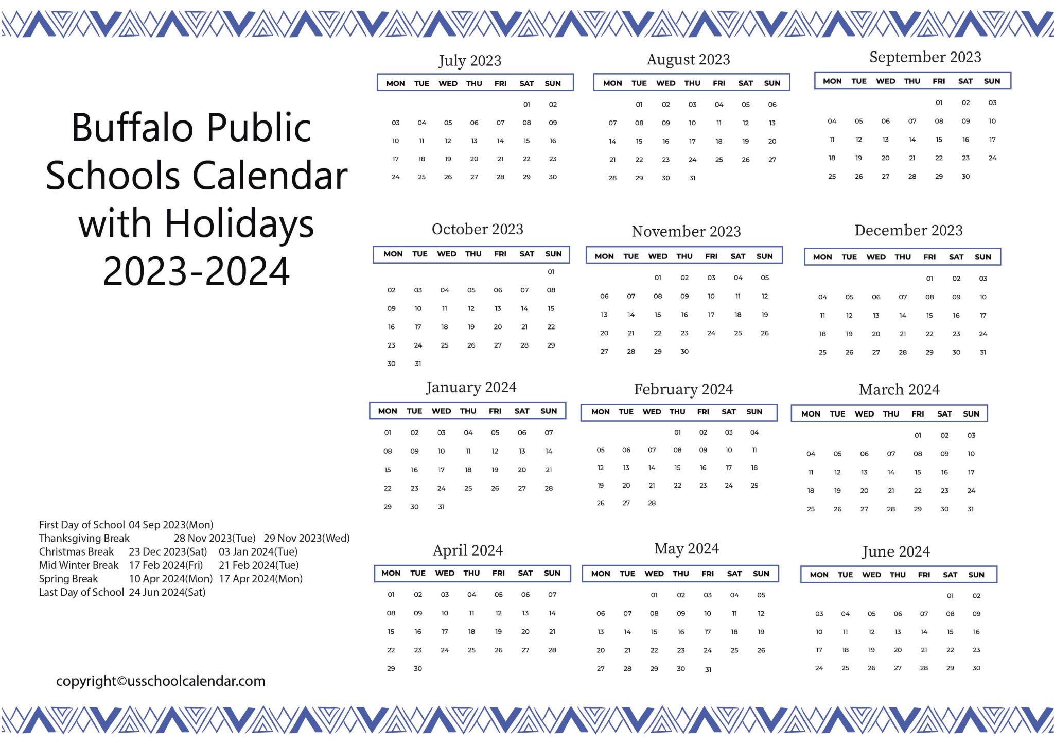 Buffalo Public Schools Calendar with Holidays 20232024