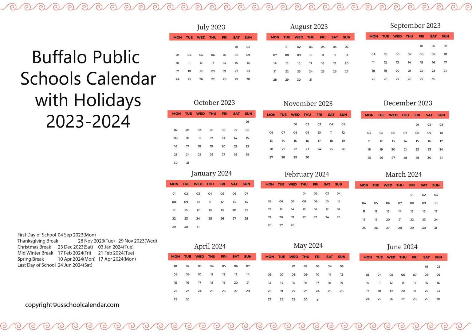Buffalo Public Schools Calendar with Holidays 20232024