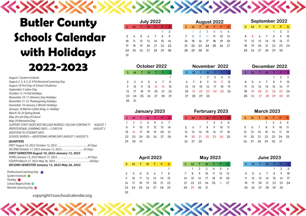 Butler County Schools Calendar with Holidays 2022-2023