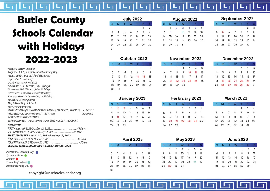 Butler County Schools Calendar with Holidays 2022-2023 2