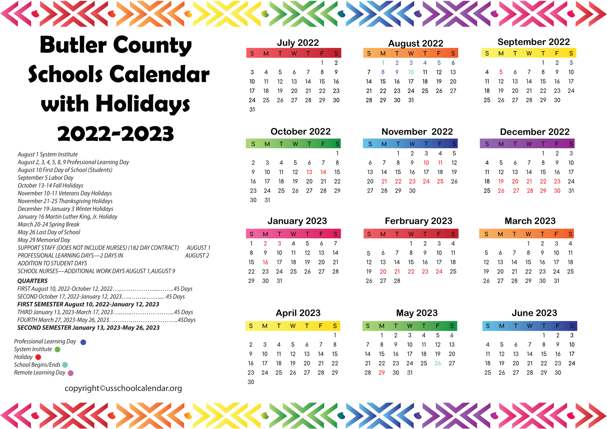 Butler County Schools Calendar with Holidays 20222023