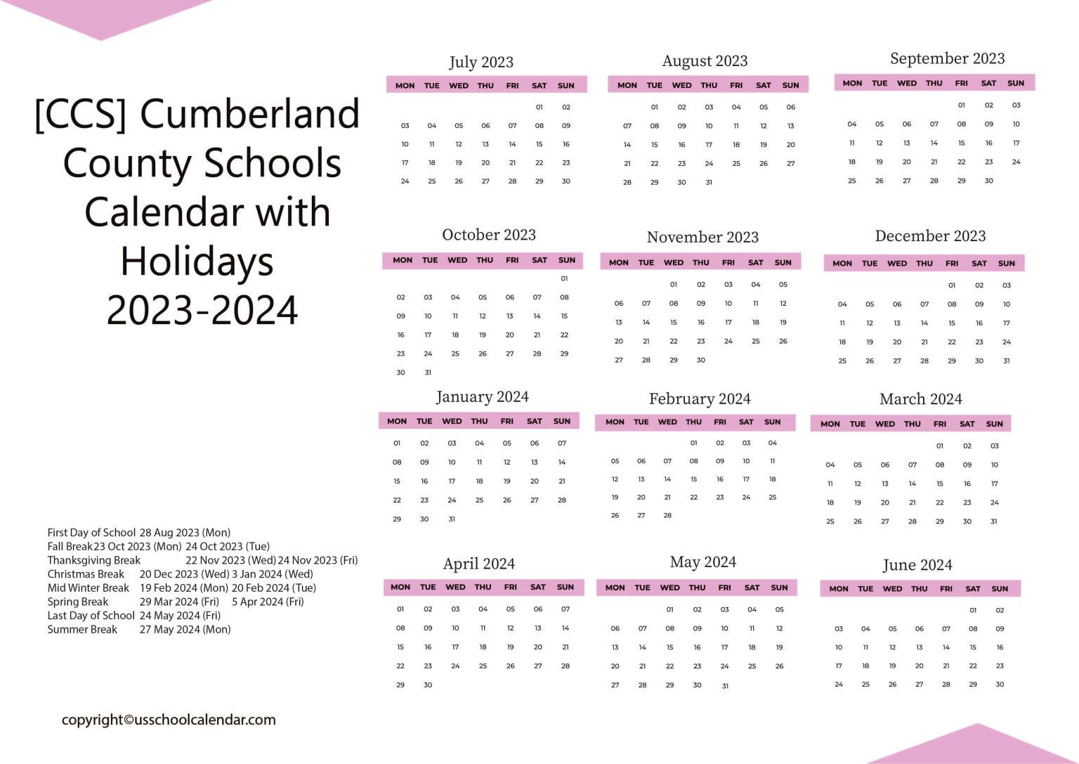 CCS Cumberland County Schools Calendar Holidays 2023 2024