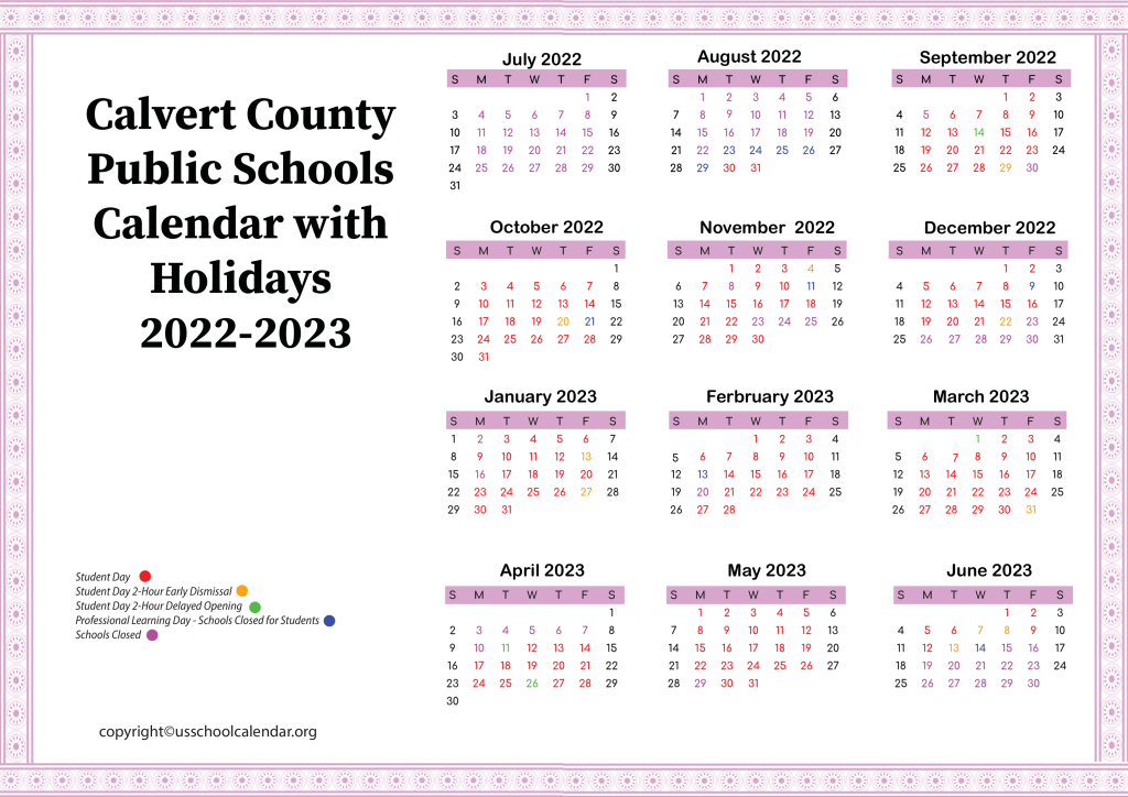 Calvert County Public Schools Calendar with Holidays 2022-2023