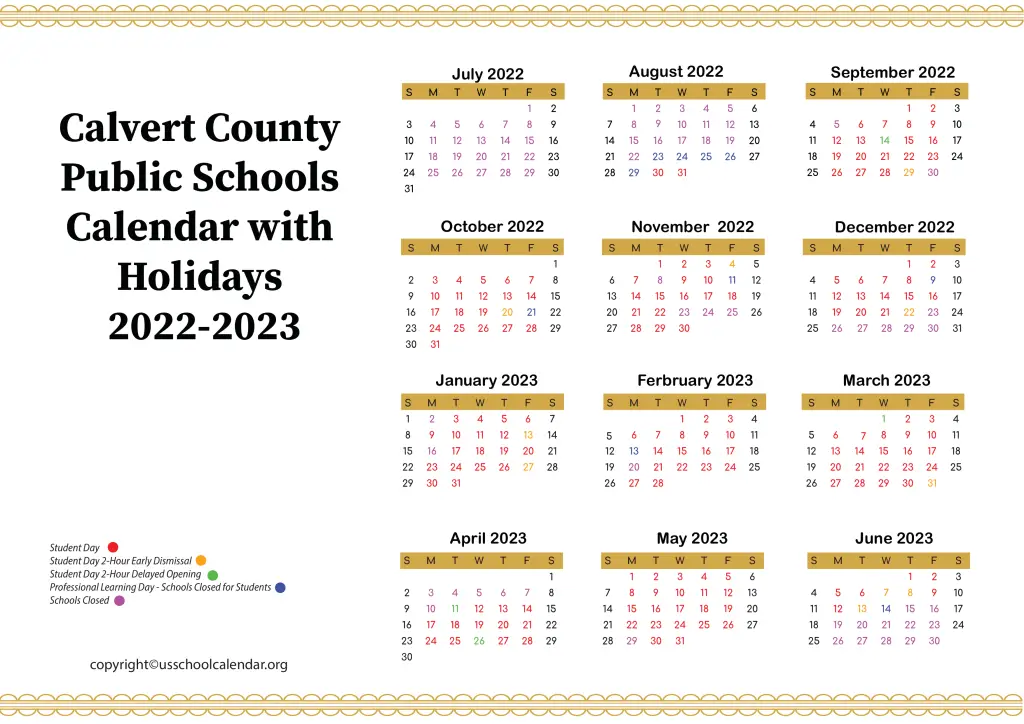 Calvert County Public Schools Calendar with Holidays 2022-2023 2
