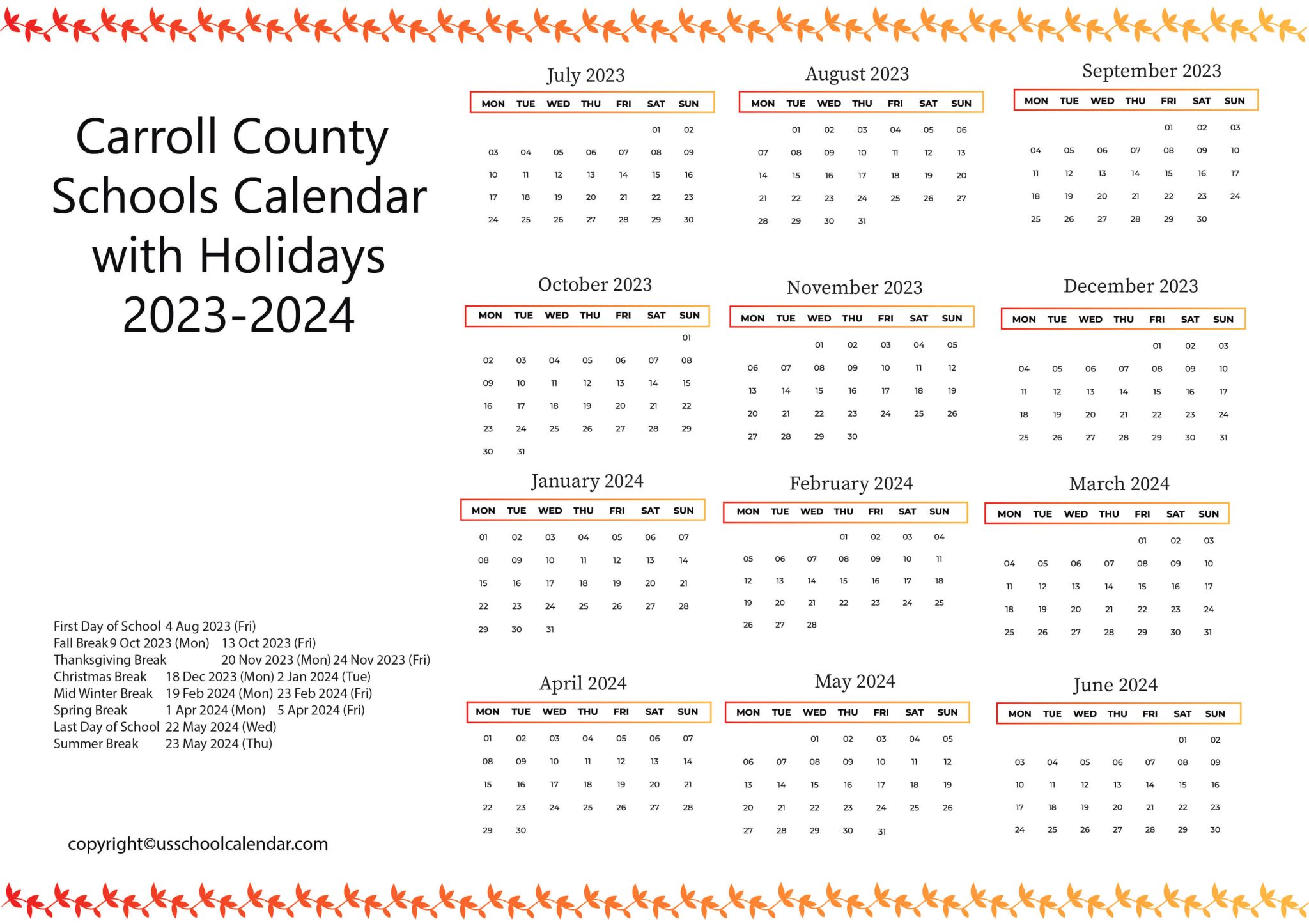 Carroll County Schools Calendar with Holidays 20232024