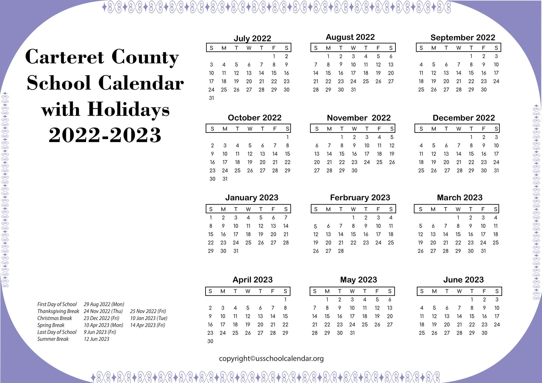 Carteret County School Calendar with Holidays 20222023