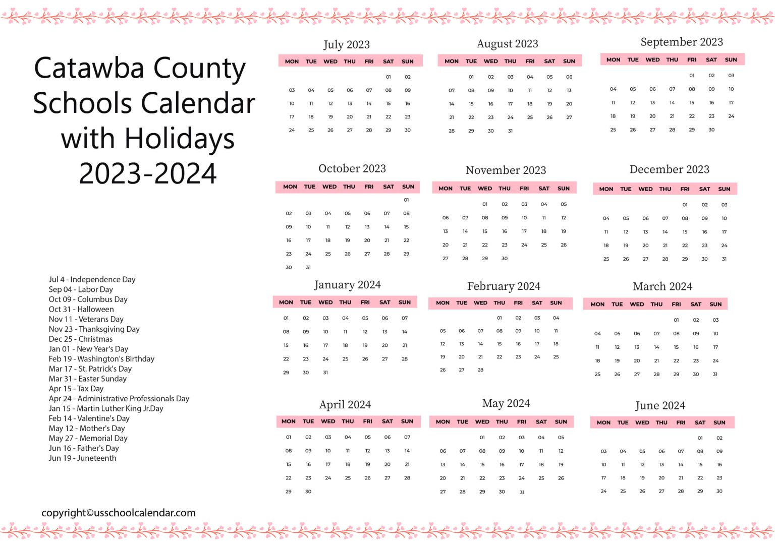 Catawba County Schools Calendar with Holidays 20232024