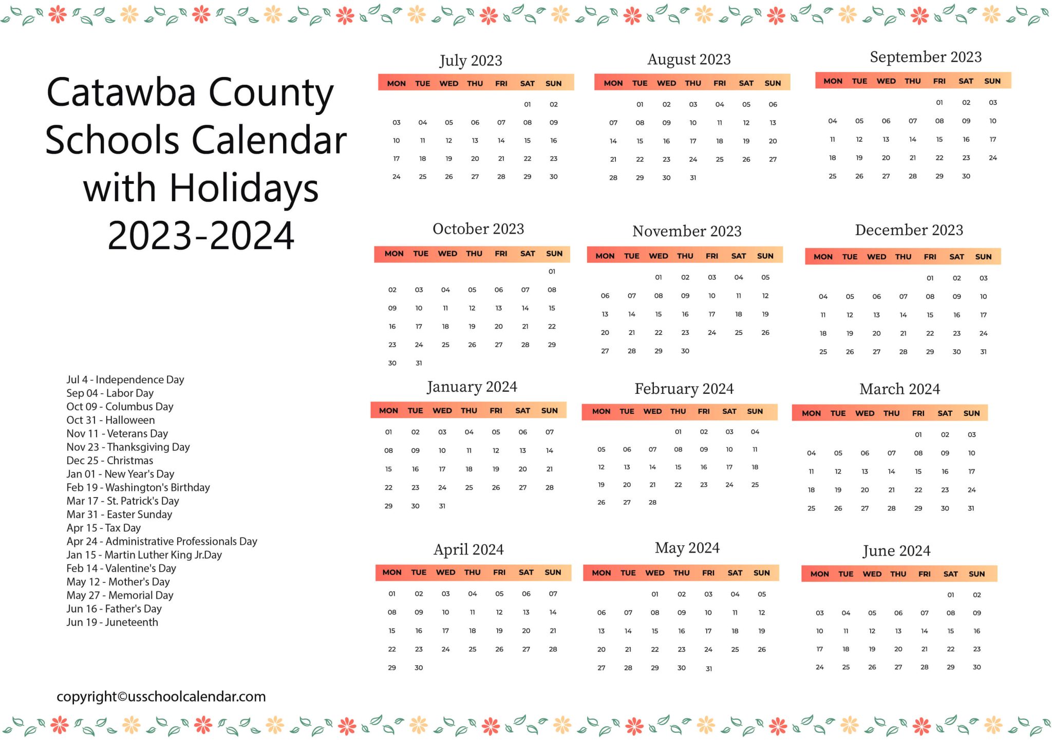 Catawba County Schools Calendar with Holidays 2023 2024