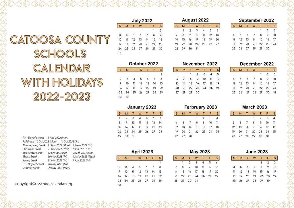 Catoosa County Schools Calendar with Holidays 2022-2023 2