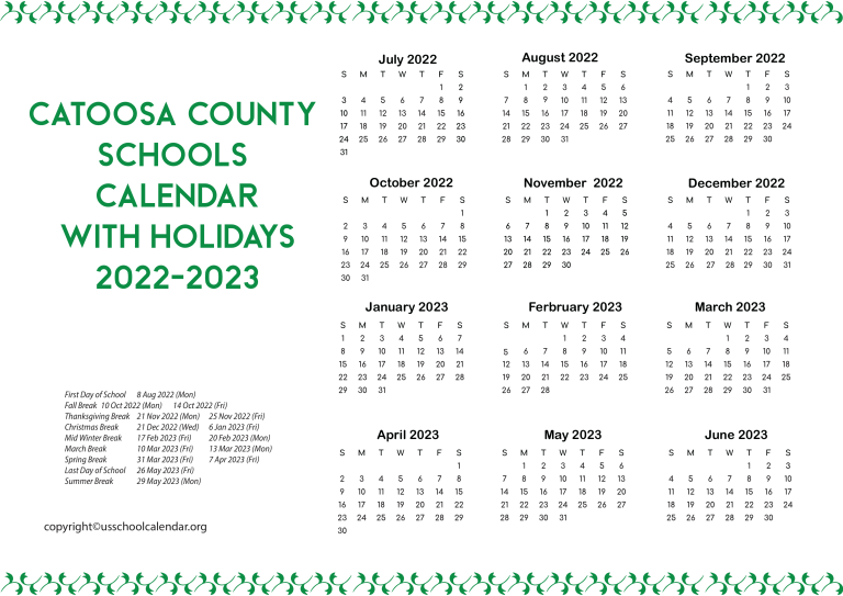 Catoosa County Schools Calendar with Holidays 20222023