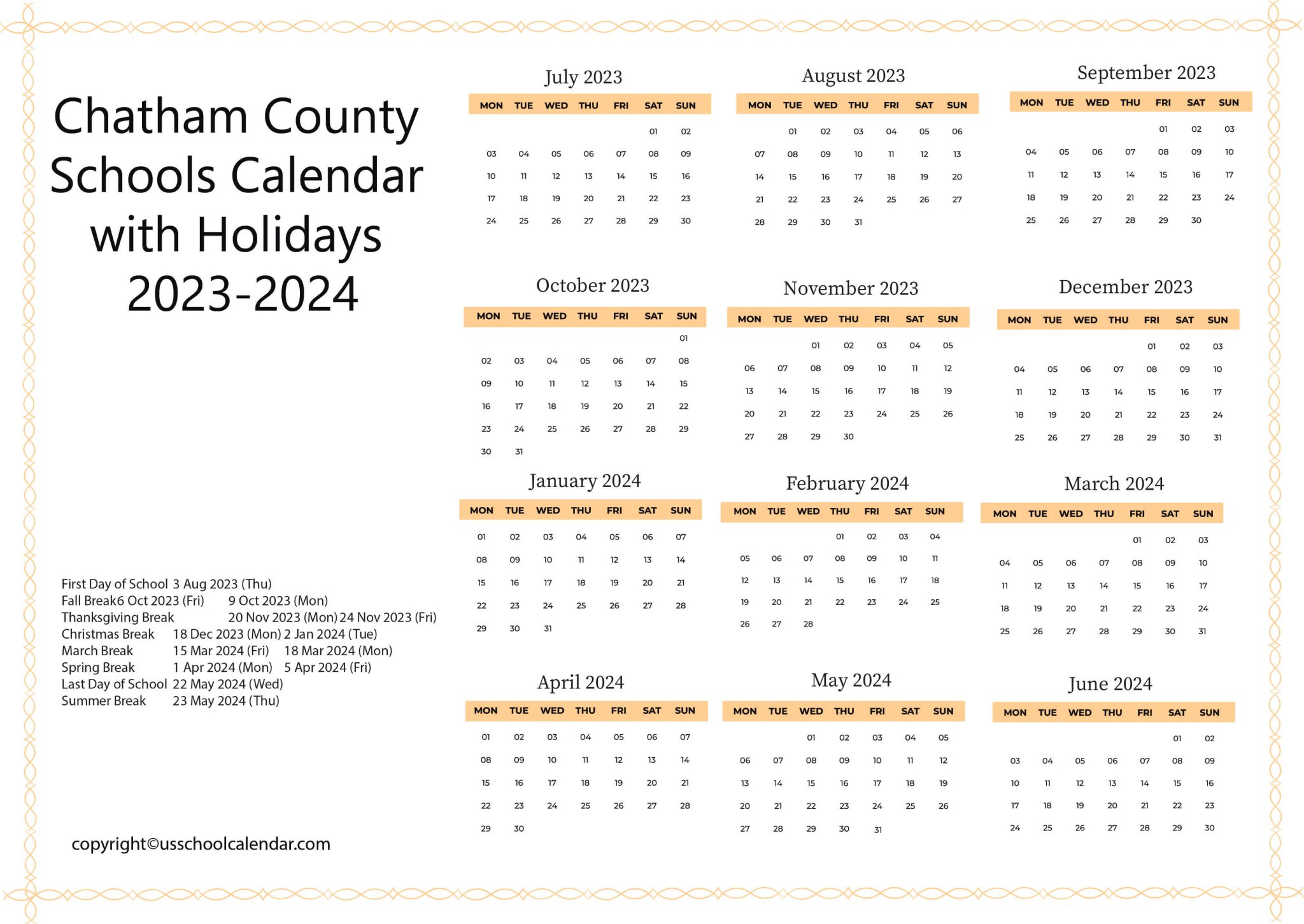 Chatham County Schools Calendar with Holidays 20232024