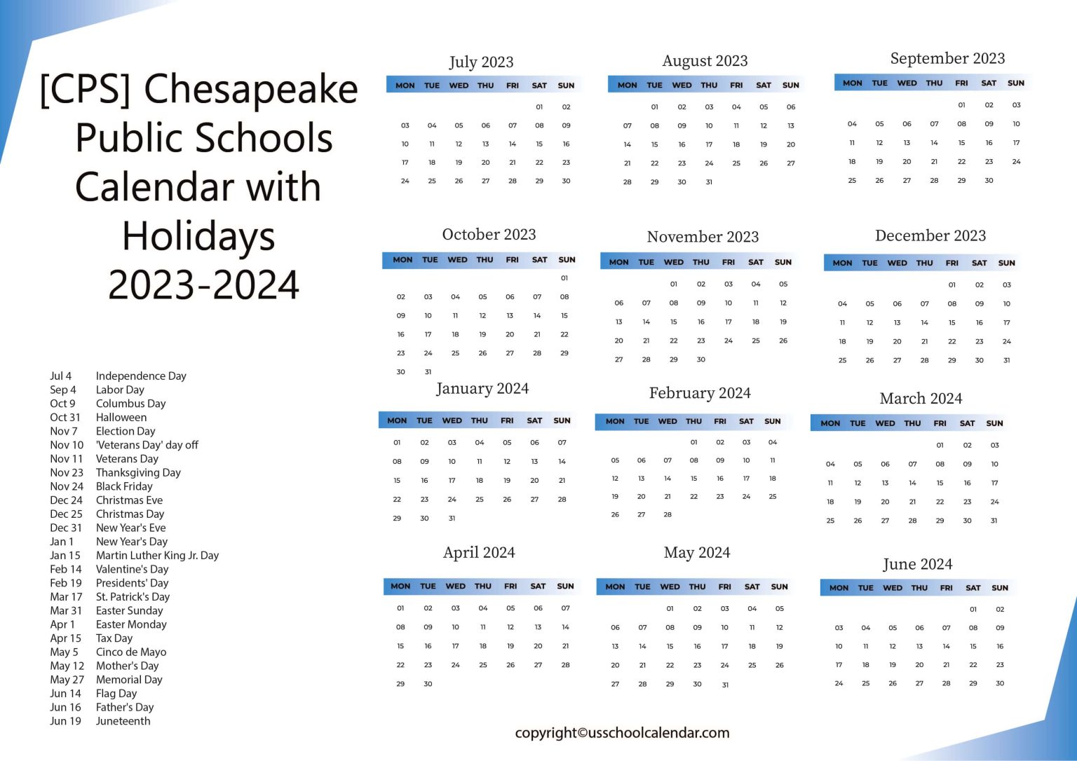 [CPS] Chesapeake Public Schools Calendar Holidays 20232024