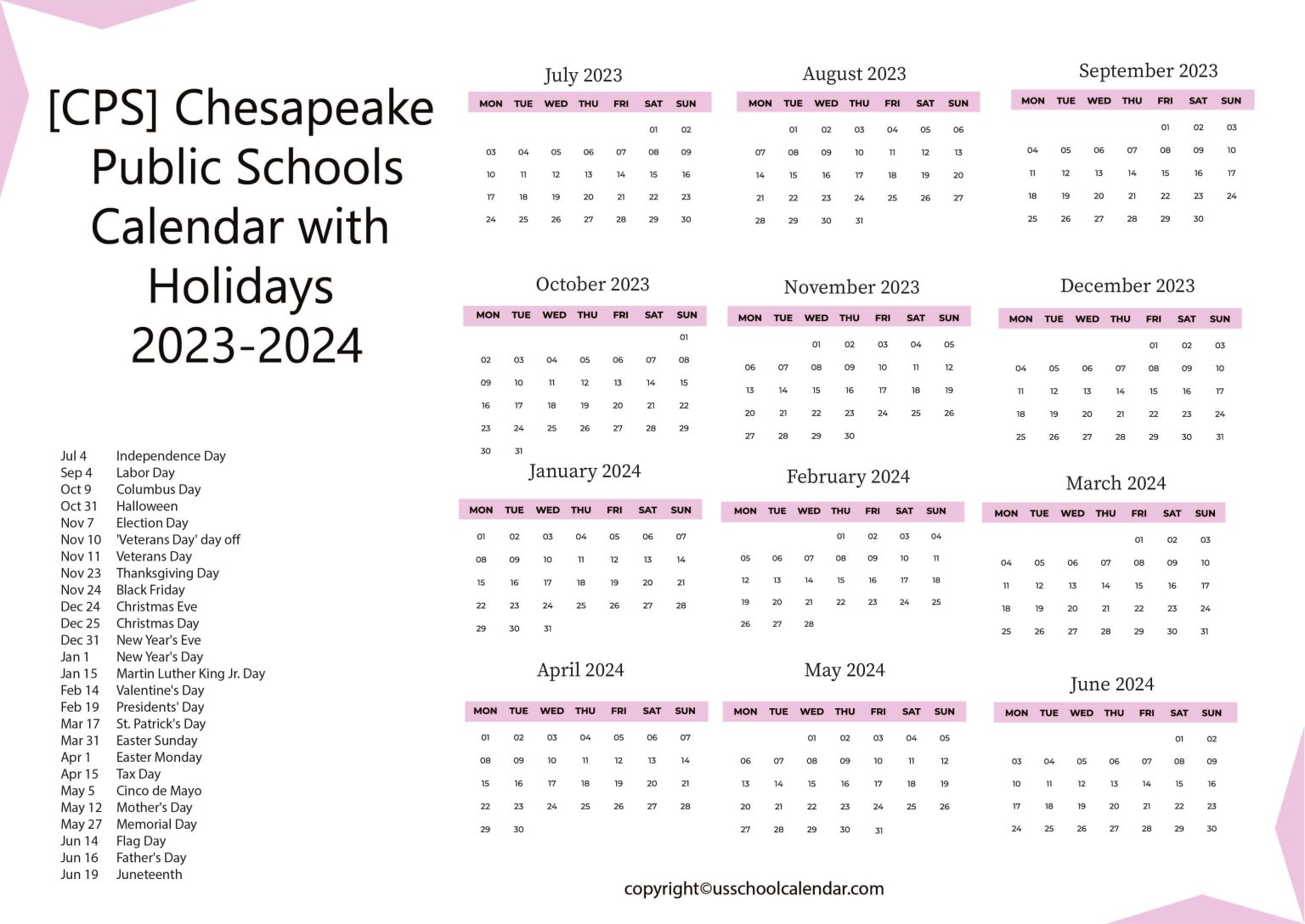 [CPS] Chesapeake Public Schools Calendar Holidays 20232024