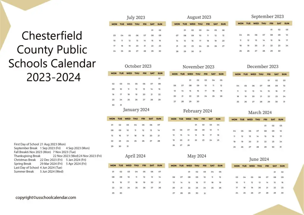 Chesterfield Public School Calendar