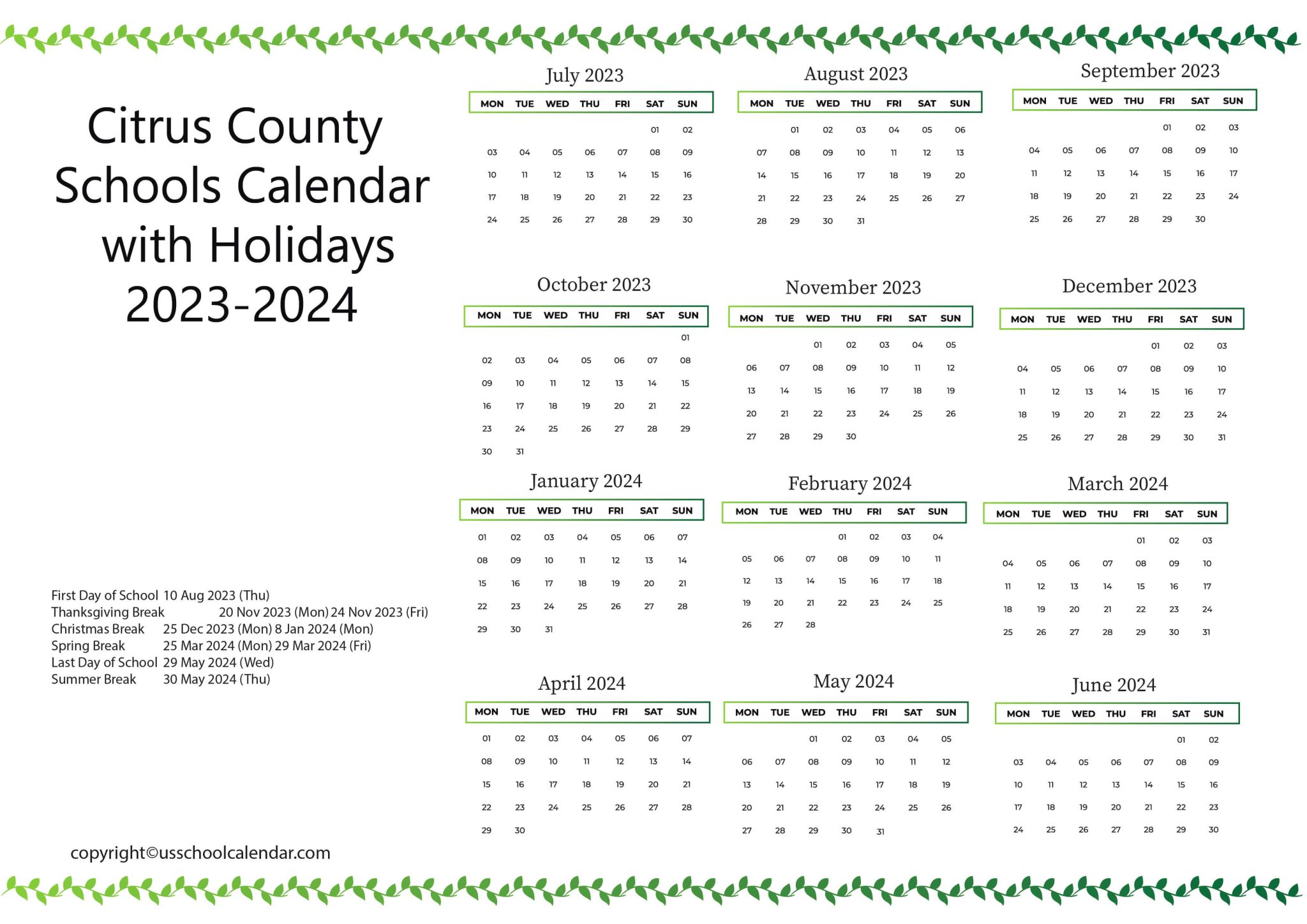 Citrus County Schools Calendar with Holidays 20232024