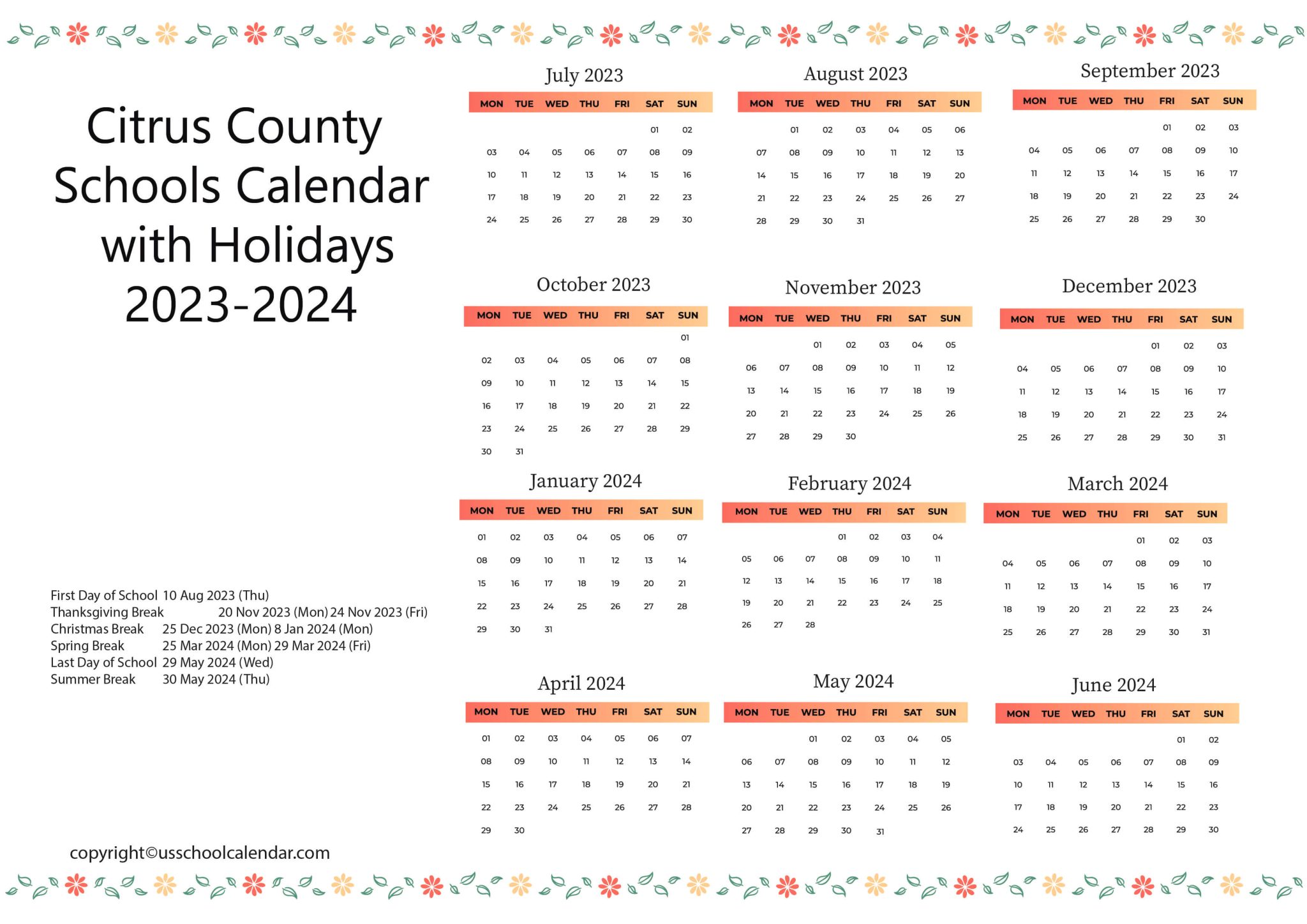 Citrus County Schools Calendar with Holidays 20232024