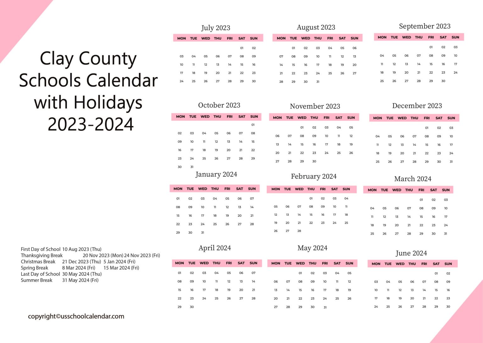 Clay County Schools Calendar with Holidays 20232024