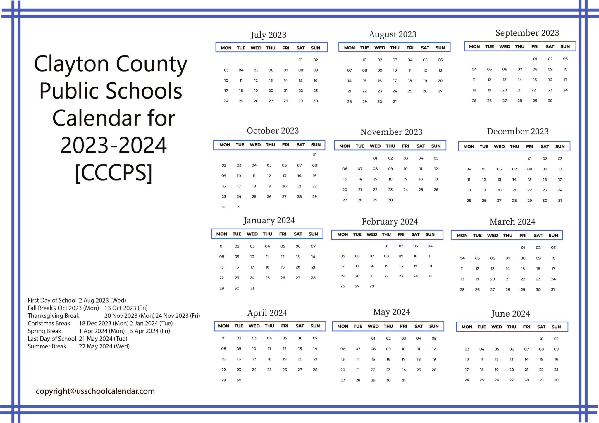 Clayton County Public Schools Calendar for 2023 2024 CCCPS