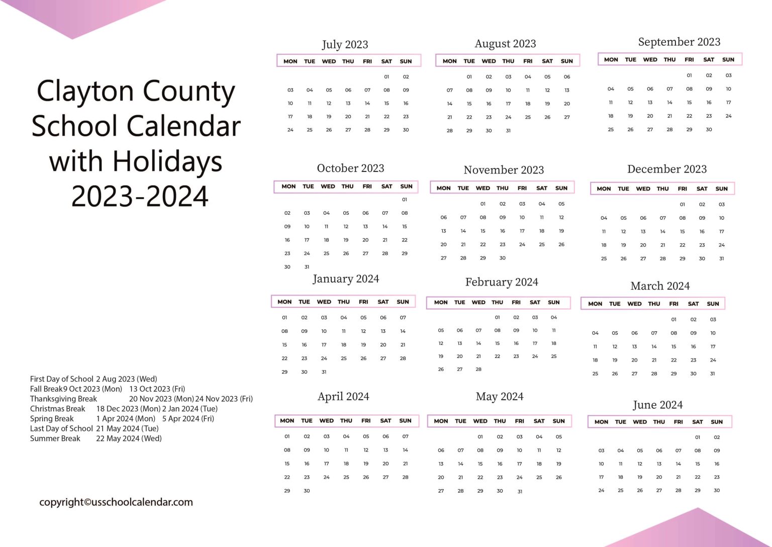 Clayton County School Calendar with Holidays 20232024