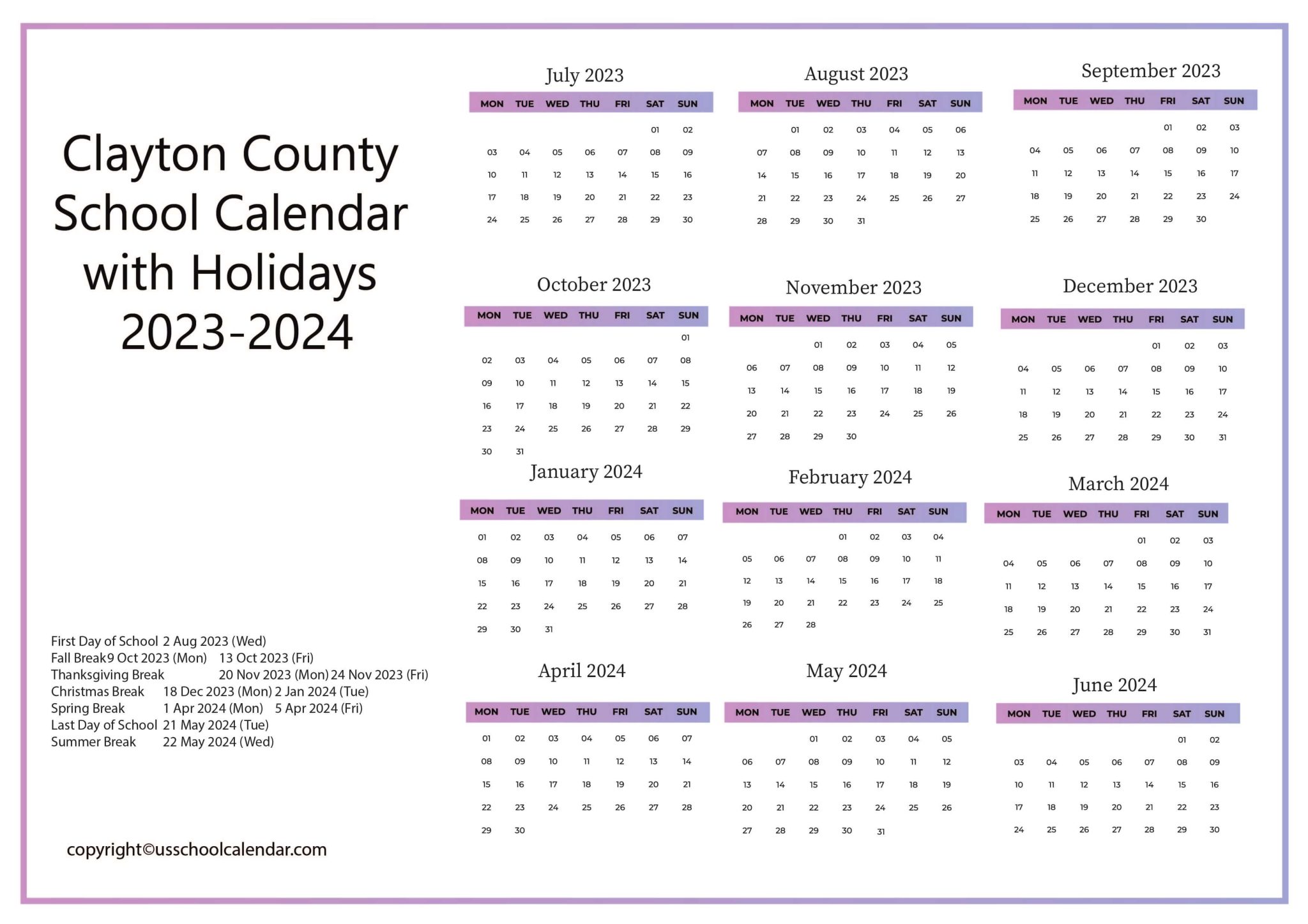 Clayton County School Calendar with Holidays 20232024