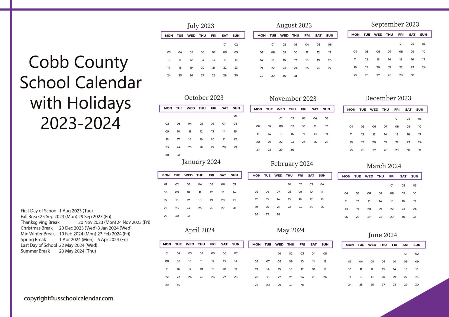 Cobb County School Calendar with Holidays 20232024