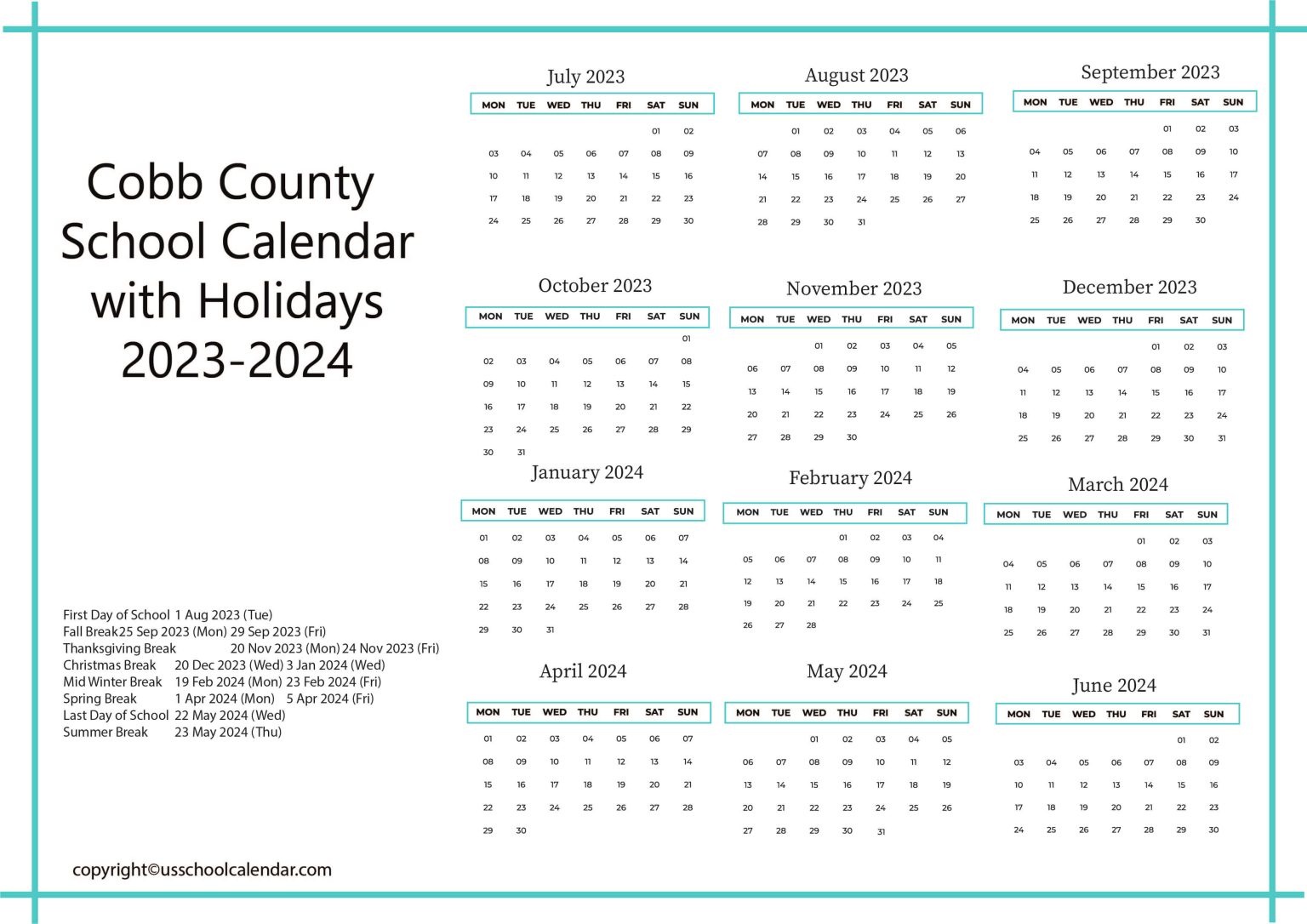 Cobb County School Calendar with Holidays 20232024