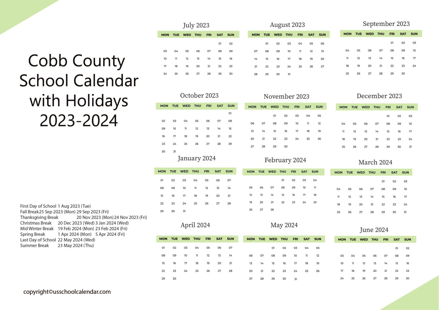 Cobb County School Calendar with Holidays 20232024