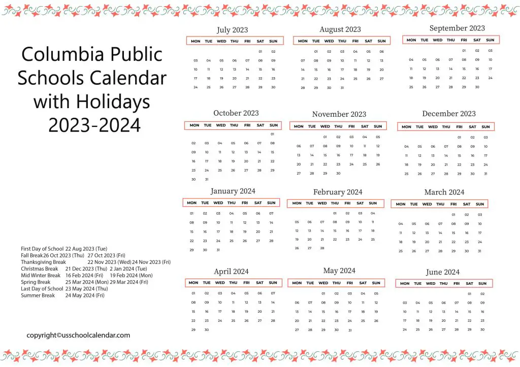 Columbia Public Schools Calendar