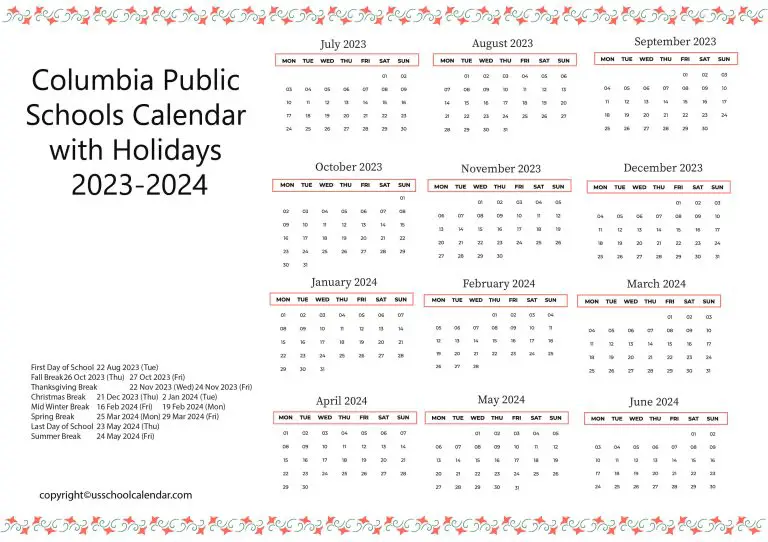 Columbia Public Schools Calendar with Holidays 20232024