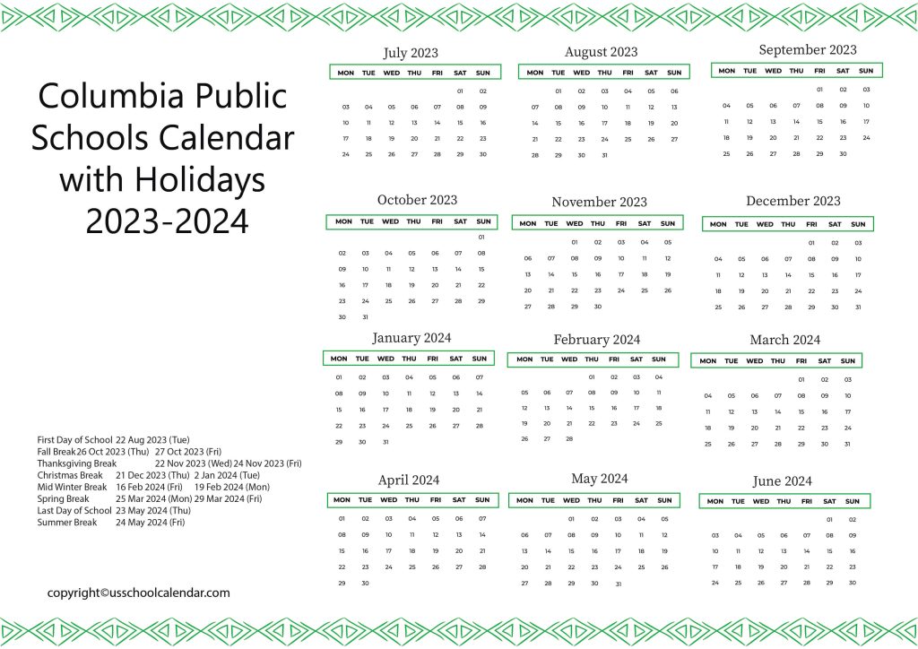 Columbia Public Schools District Calendar