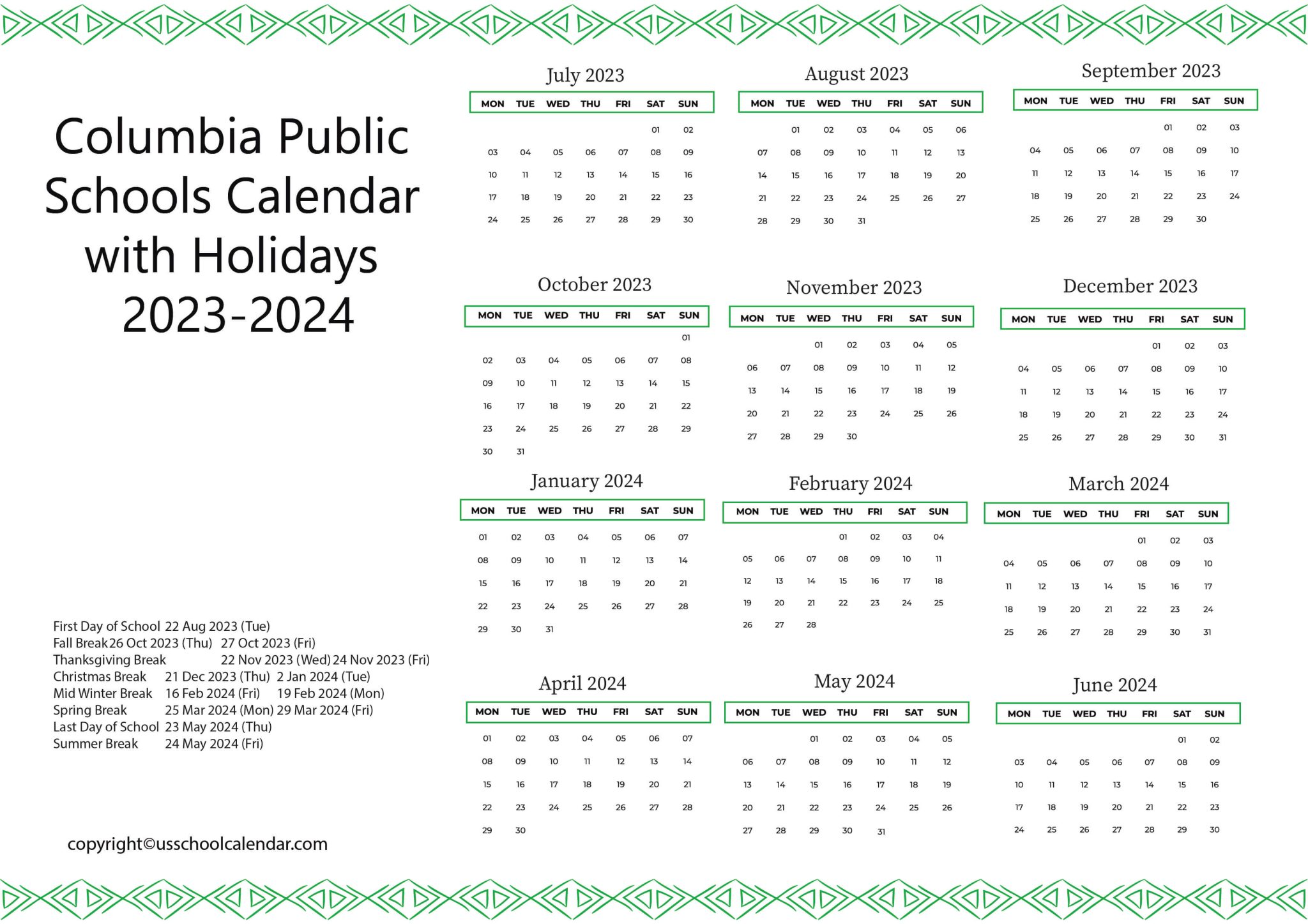 Columbia Public Schools Calendar with Holidays 2023 2024