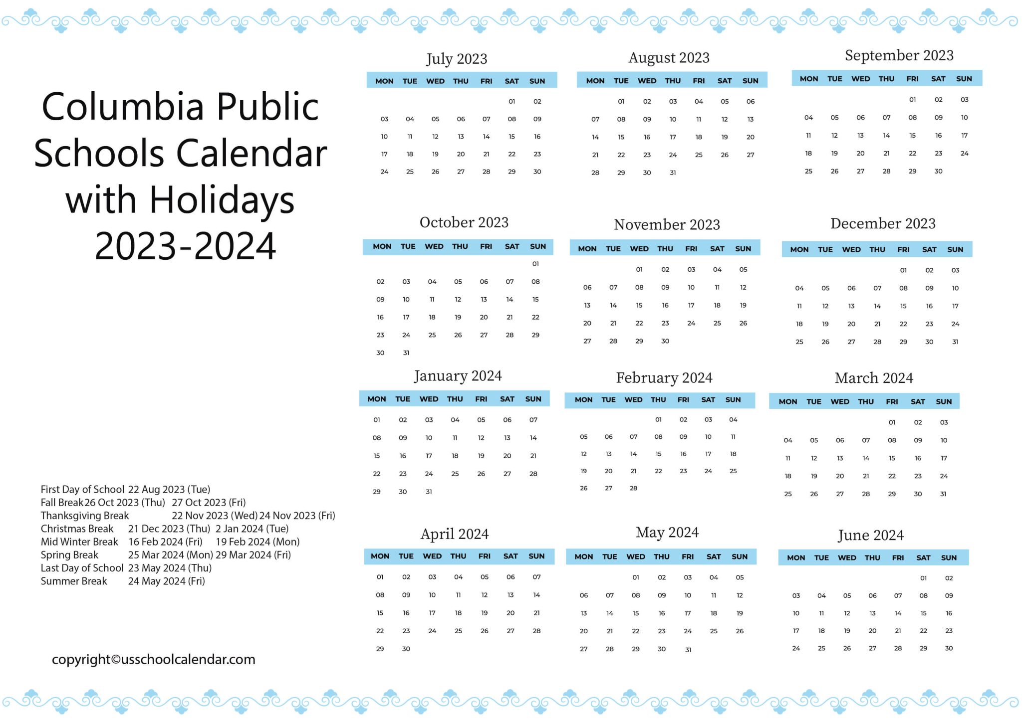 Columbia Public Schools Calendar with Holidays 20232024