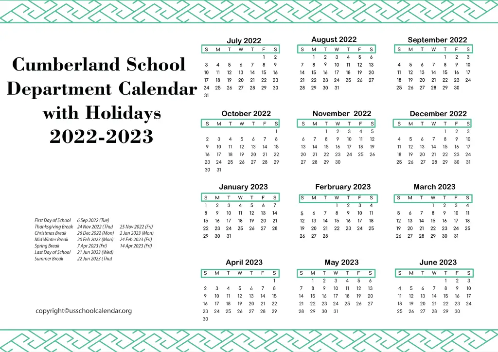 Cumberland School Department Calendar with Holidays 2022-2023 3