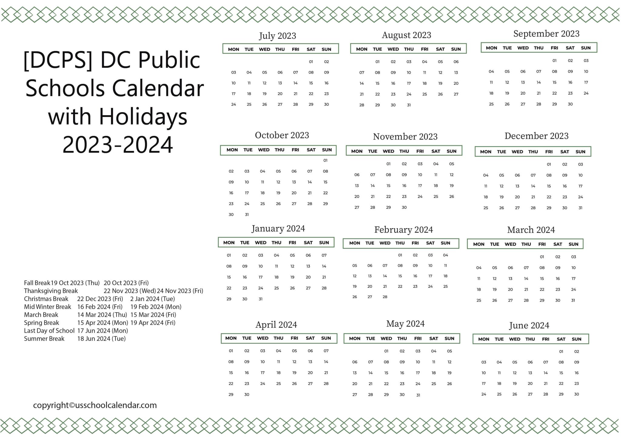 [DCPS] DC Public Schools Calendar with Holidays 20232024